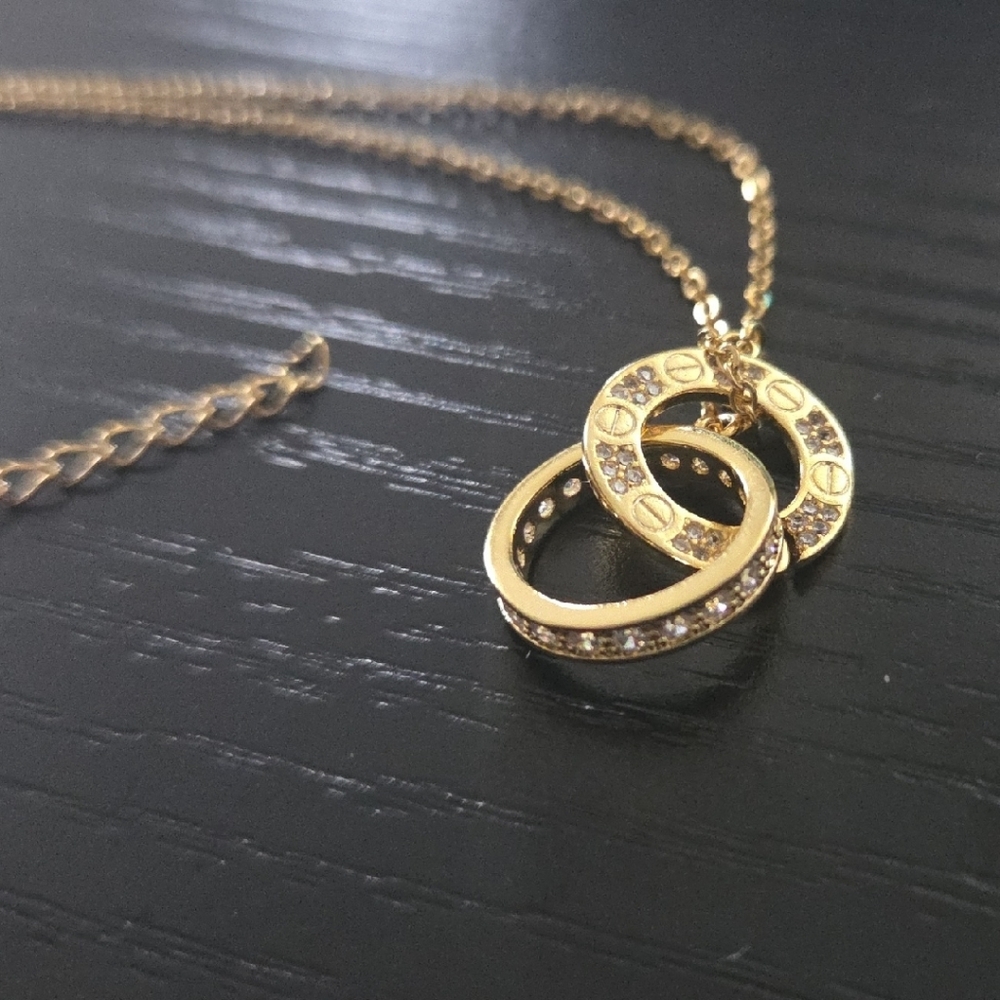 18K Gold Plated with Stones Interlocking Rings Necklace